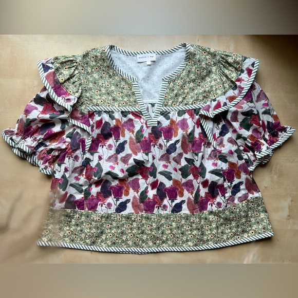 Entro Mixed Floral Stripe Patchwork Ruffle Blouse in Plum/Olive - Picture 3 of 8